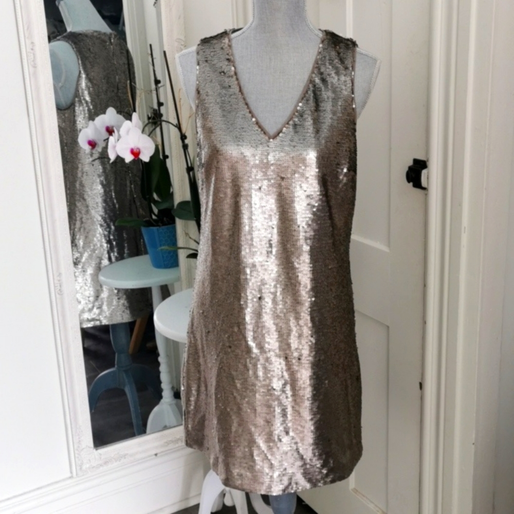 Banana Republic sequined shift v neck silver dress. size 8. but fits like s 10